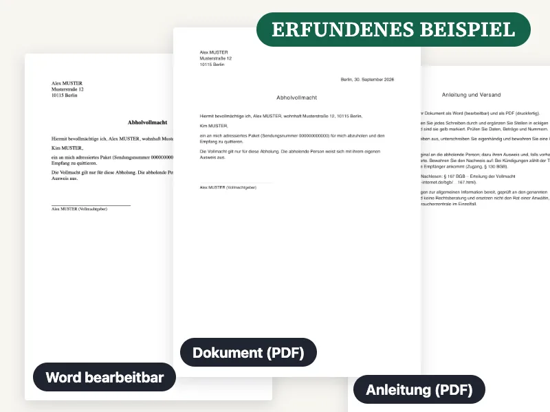 Vorschau der gelieferten Word-Datei, des PDF und der Anleitung für Abholvollmacht, ausgefüllt mit einem erfundenen Beispiel