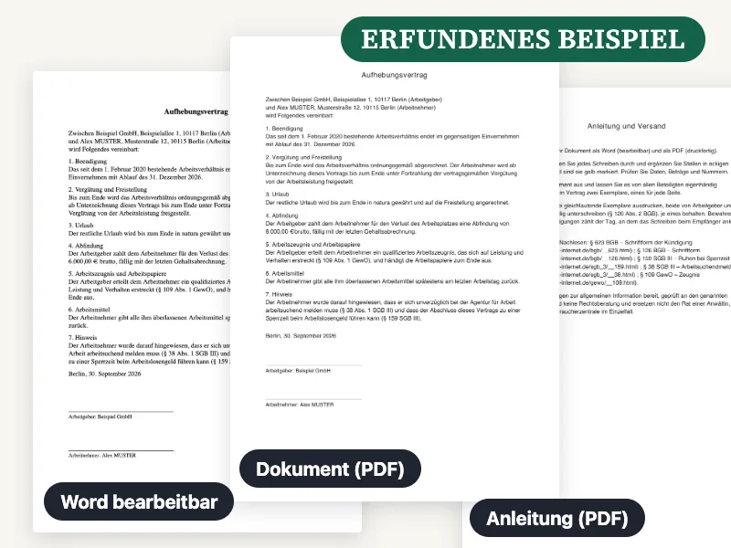 Vorschau der gelieferten Word-Datei, des PDF und der Anleitung für Aufhebungsvertrag, ausgefüllt mit einem erfundenen Beispiel