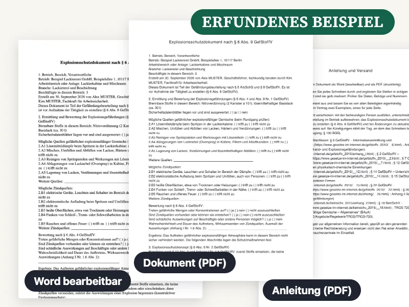 Vorschau der gelieferten Word-Datei, des PDF und der Anleitung für Explosionsschutzdokument (Vorlage für kleine Betriebe), ausgefüllt mit einem erfundenen Beispiel