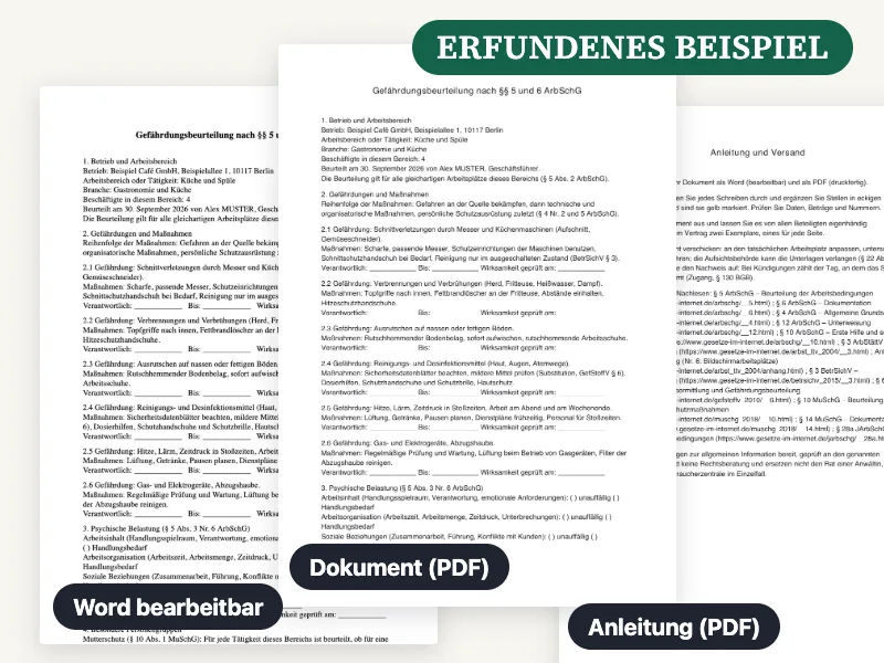 Vorschau der gelieferten Word-Datei, des PDF und der Anleitung für Gefährdungsbeurteilung (Vorlage für Arbeitgeber), ausgefüllt mit einem erfundenen Beispiel
