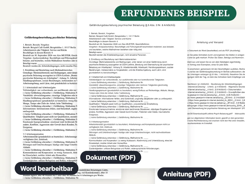 Vorschau der gelieferten Word-Datei, des PDF und der Anleitung für Gefährdungsbeurteilung psychische Belastung (Vorlage), ausgefüllt mit einem erfundenen Beispiel