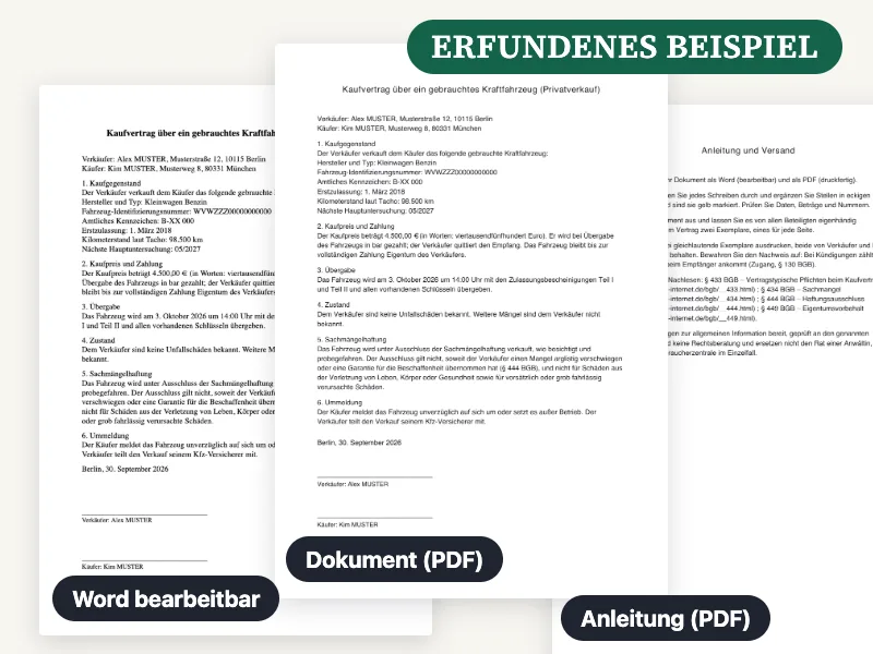 Vorschau der gelieferten Word-Datei, des PDF und der Anleitung für Kaufvertrag für ein gebrauchtes Auto (privat), ausgefüllt mit einem erfundenen Beispiel