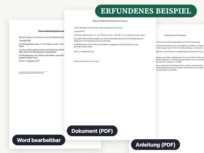 Vorschau der gelieferten Word-Datei, des PDF und der Anleitung für Mietschuldenfreiheitsbescheinigung, ausgefüllt mit einem erfundenen Beispiel
