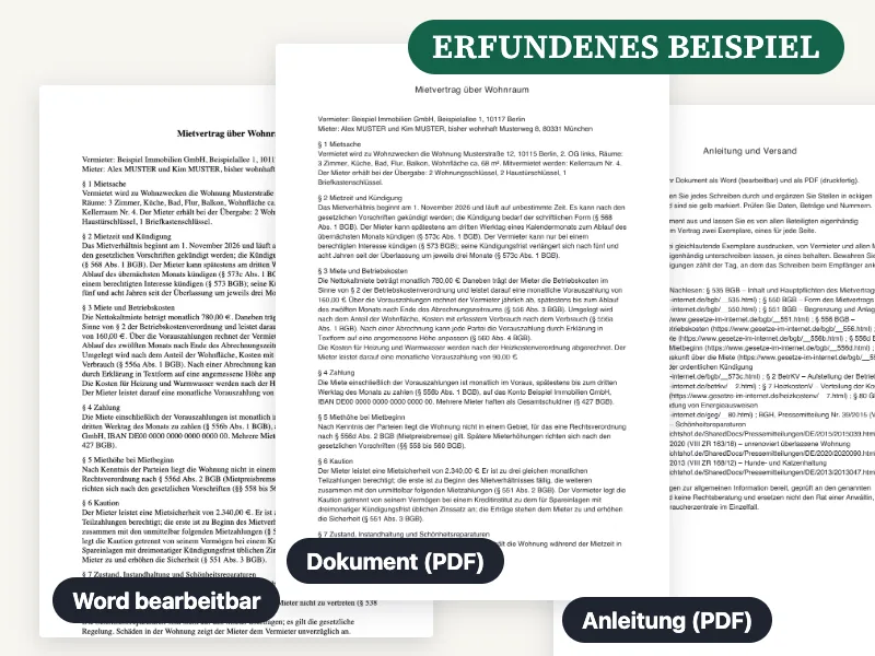 Vorschau der gelieferten Word-Datei, des PDF und der Anleitung für Mietvertrag für eine Wohnung (unbefristet), ausgefüllt mit einem erfundenen Beispiel
