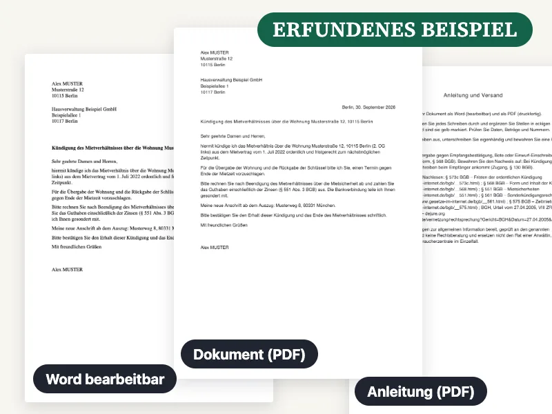 Vorschau der gelieferten Word-Datei, des PDF und der Anleitung für eine Wohnungskündigung, ausgefüllt mit einem erfundenen Beispiel