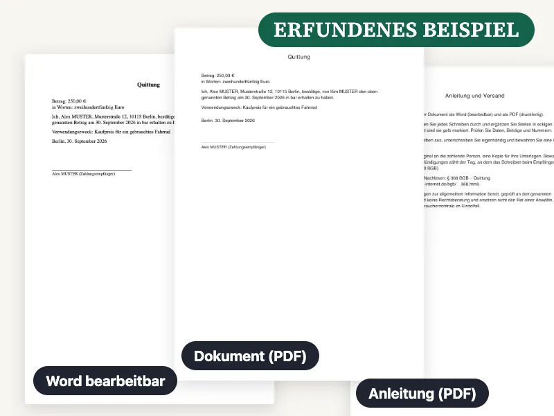 Vorschau der gelieferten Word-Datei, des PDF und der Anleitung für Quittung, ausgefüllt mit einem erfundenen Beispiel
