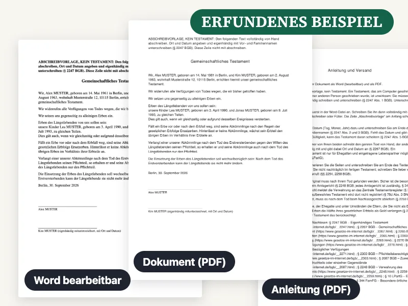 Vorschau der gelieferten Word-Datei, des PDF und der Anleitung für Testament: Muster zum Abschreiben von Hand, ausgefüllt mit einem erfundenen Beispiel