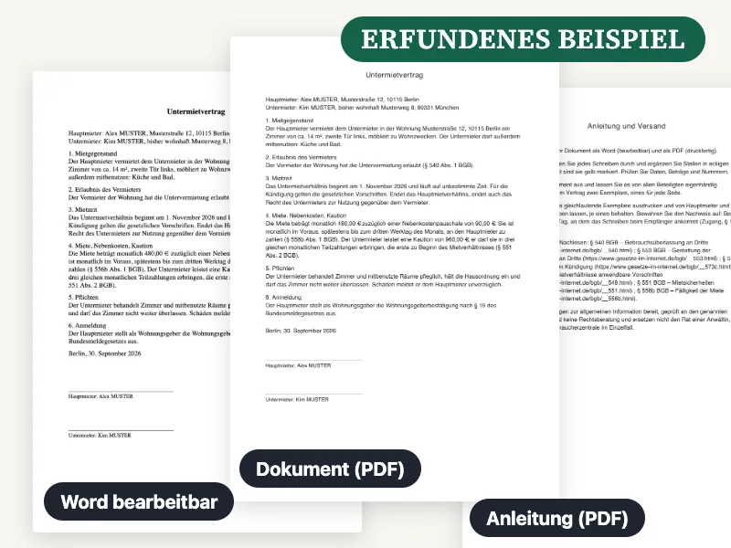 Vorschau der gelieferten Word-Datei, des PDF und der Anleitung für Untermietvertrag für ein Zimmer, ausgefüllt mit einem erfundenen Beispiel