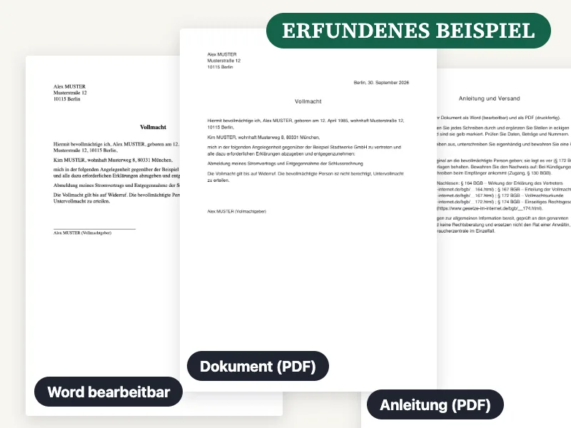 Vorschau der gelieferten Word-Datei, des PDF und der Anleitung für Vollmacht, ausgefüllt mit einem erfundenen Beispiel