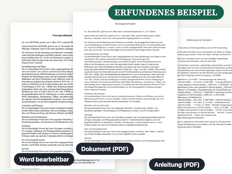 Vorschau der gelieferten Word-Datei, des PDF und der Anleitung für Vorsorgevollmacht, ausgefüllt mit einem erfundenen Beispiel