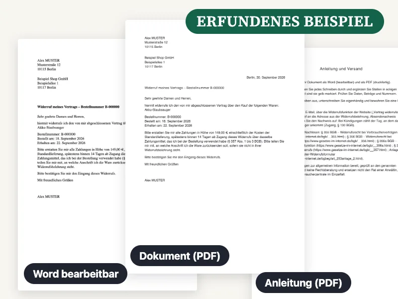 Vorschau der gelieferten Word-Datei, des PDF und der Anleitung für Widerruf eines Online-Kaufs, ausgefüllt mit einem erfundenen Beispiel